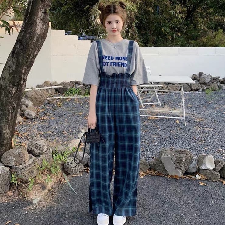 チェック柄オールインワン サロペット 韓国ファッション[品番
