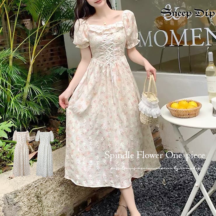 17366】レースアップフラワーロングワンピース [品番：ASHW0001488