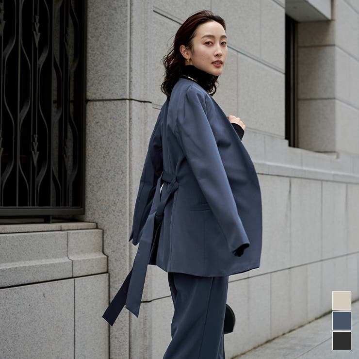 ベルト付ノーカラージャケット アウター レディース[品番：TV000013074