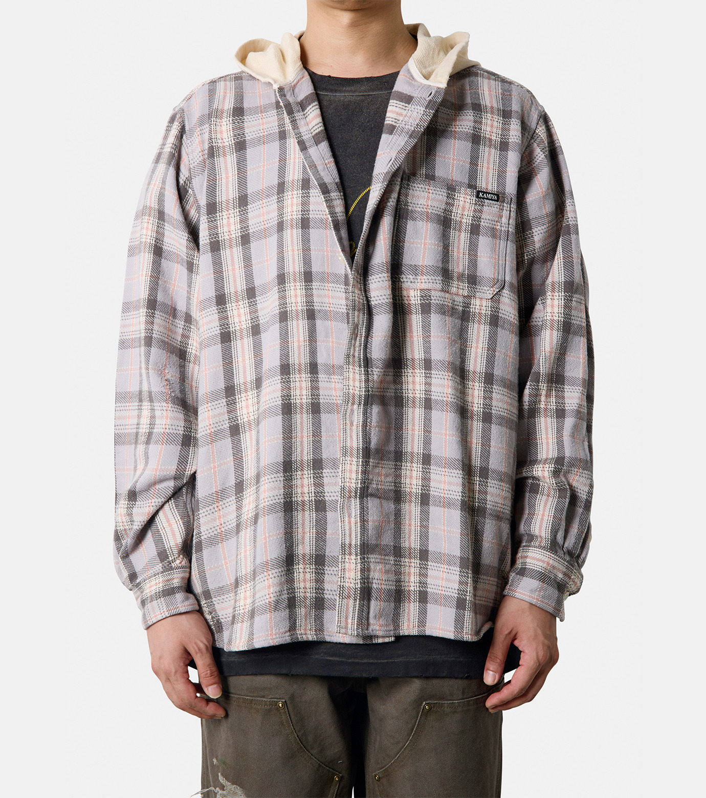 カミヤ - KAMIYA | Distressed Check Shirt Hoodie-Gray-Sの通販