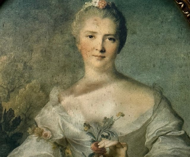 台湾 * 50828-フランスアンティーク シルクロココ貴婦人肖像画 金箔