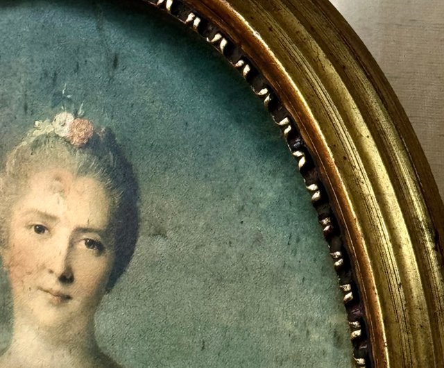 台湾 * 50828-フランスアンティーク シルクロココ貴婦人肖像画 金箔