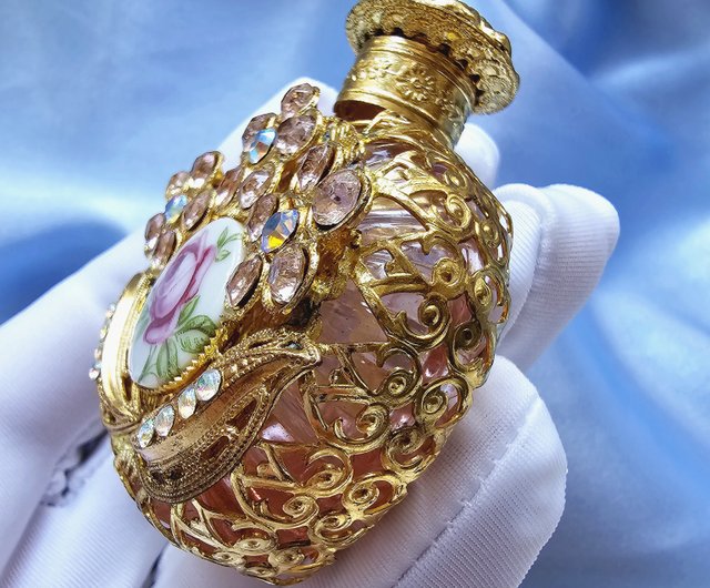 台湾 チェコ工芸ガラス フィリグリーラインストーン 磁器ローズ香水瓶