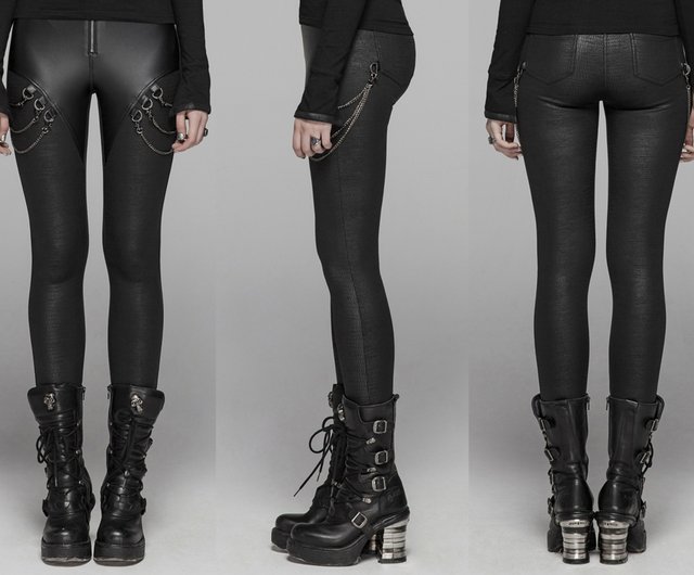 台湾 パンク魔女チェーンベルベットクラックレザーパンツ / レギンス