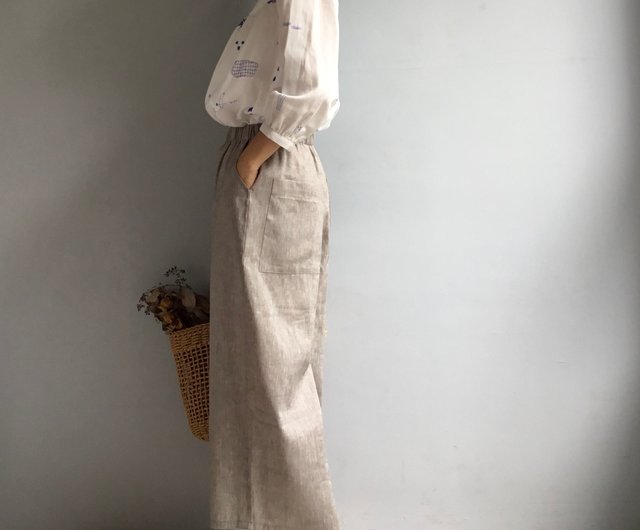 台湾 軽やかな暮らし/ナチュラルブラウンの先染めリネンワイドサルエル
