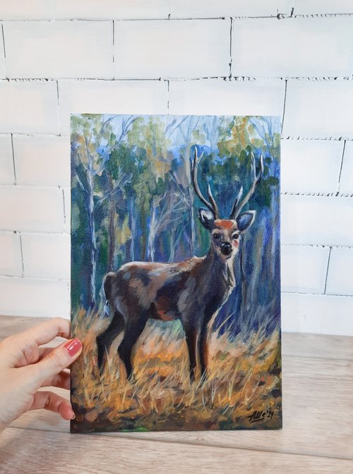 No.534 F3キャンバス アクリル画 原画 青い絵 鹿 青い木 開運絵画 No