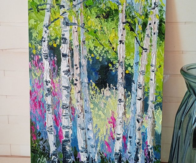 送料無料】ウクライナ 白樺林絵画オリジナルアート風景油絵 7.8*11.8