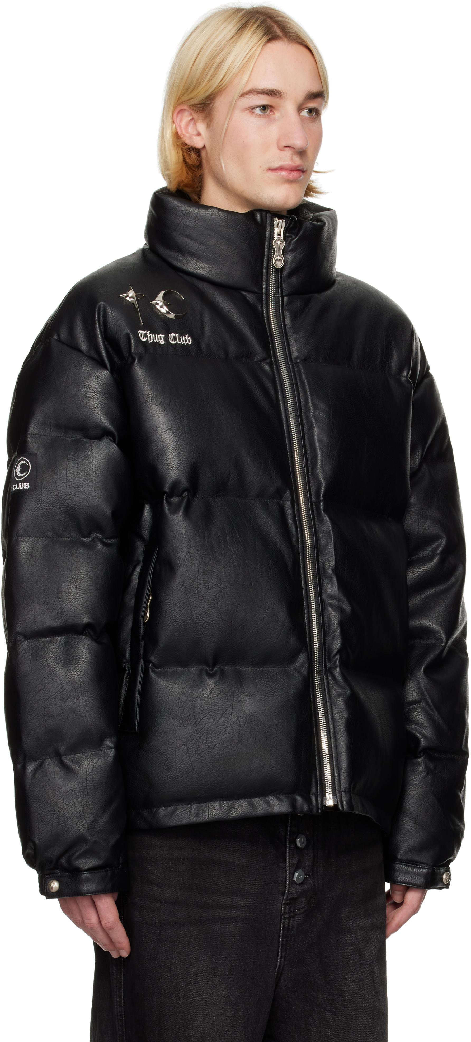 メンズ THUG CLUB ブラック フェイクレザー パファー ダウンジャケット