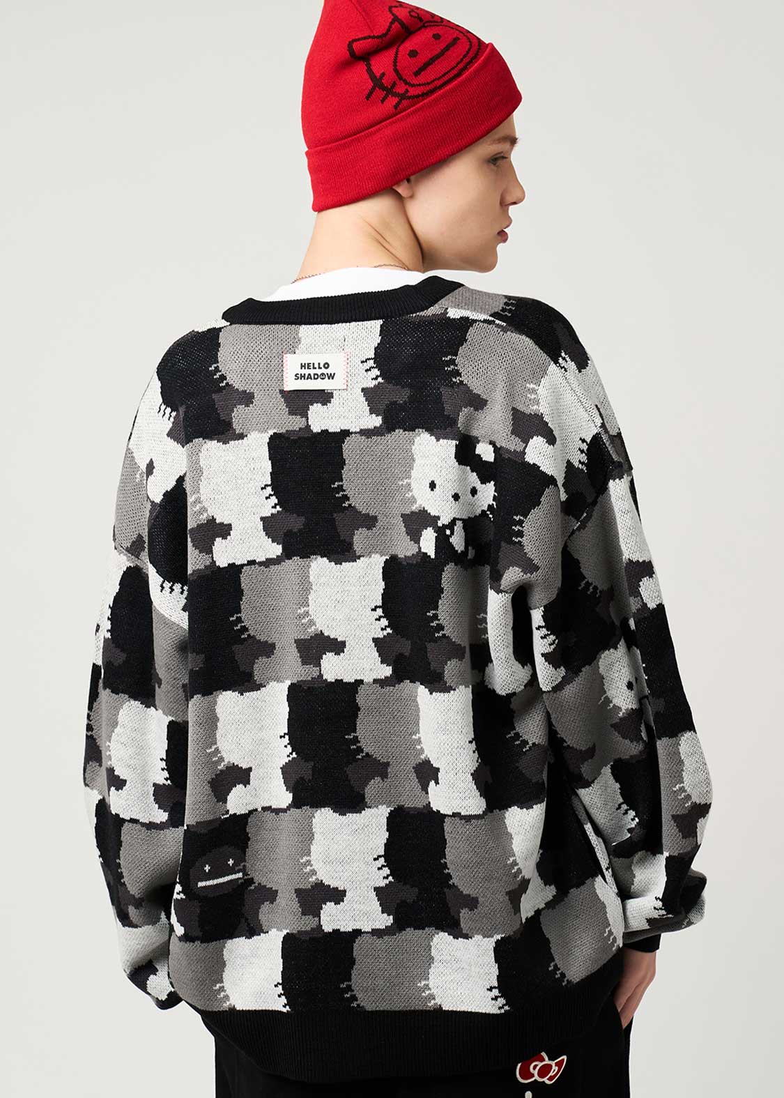 キティ シルエットパターン｜ジャカードVネックカーディガン｜ユニ