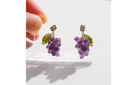 ぶどうのピアス 天然石使用 アメジスト［巨峰］金属アレルギー対応
