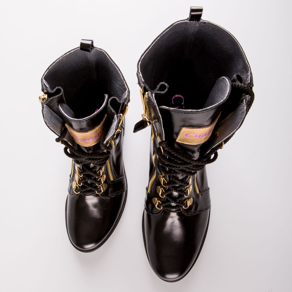 Black Lace Up Boots with Gold Side Zip Design – Chalany Shoes
