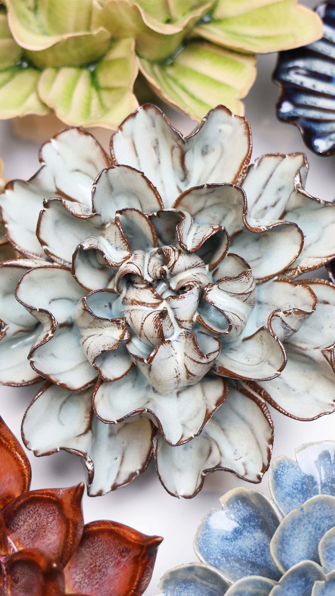 Flower Wall Decor: Ceramic Medium Chocolate Mint Art Piece