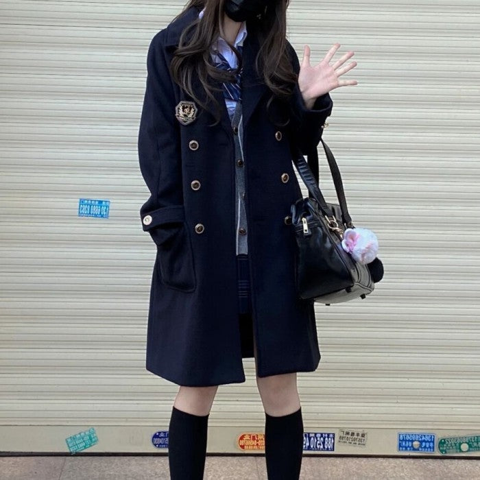 ラペルカラーダブルブレストウールコート◇コート 学生服 S、M、L、XL