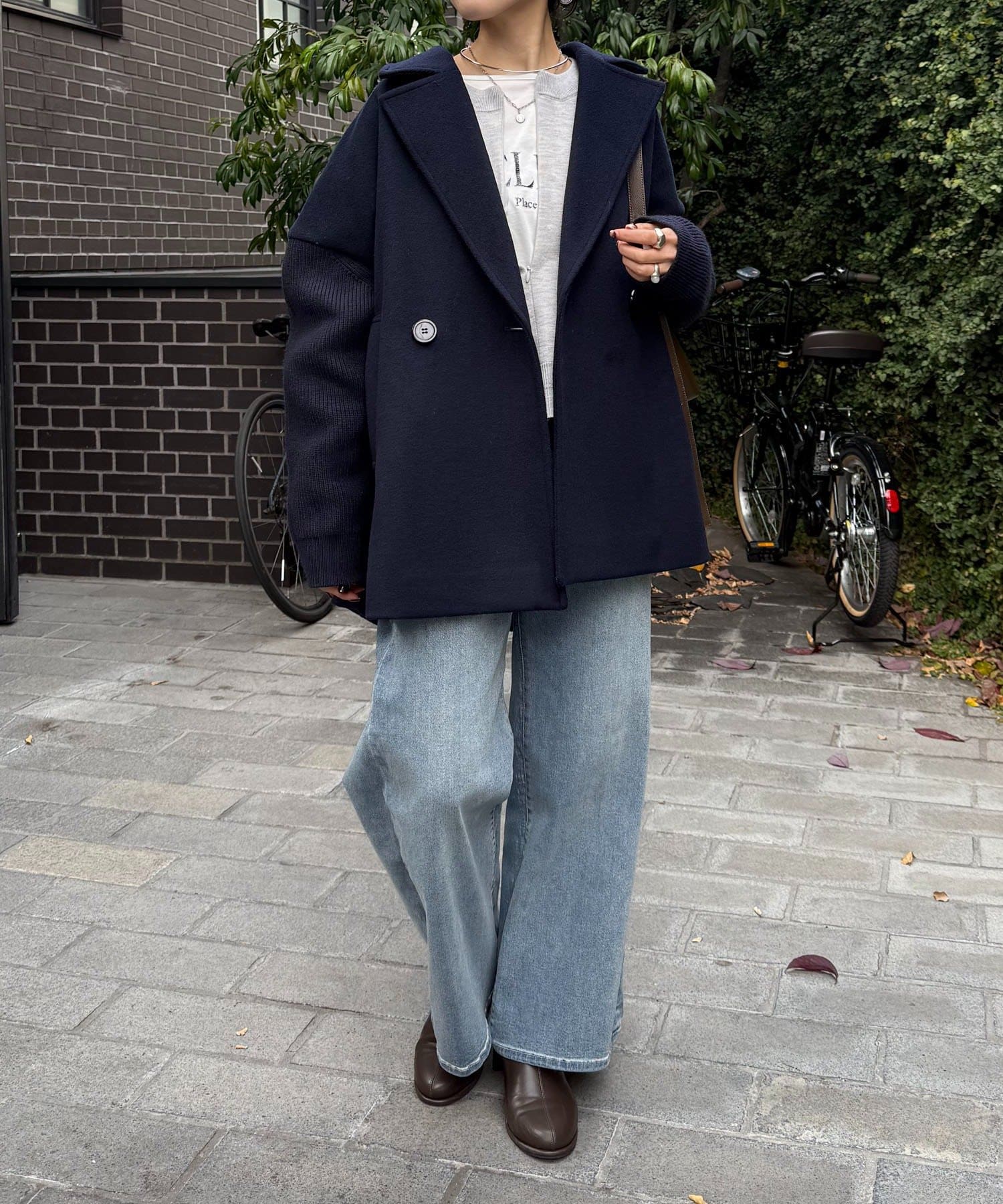 ウール混/羽織りやすい】ニットスリーブダブルコート | COLLAGE