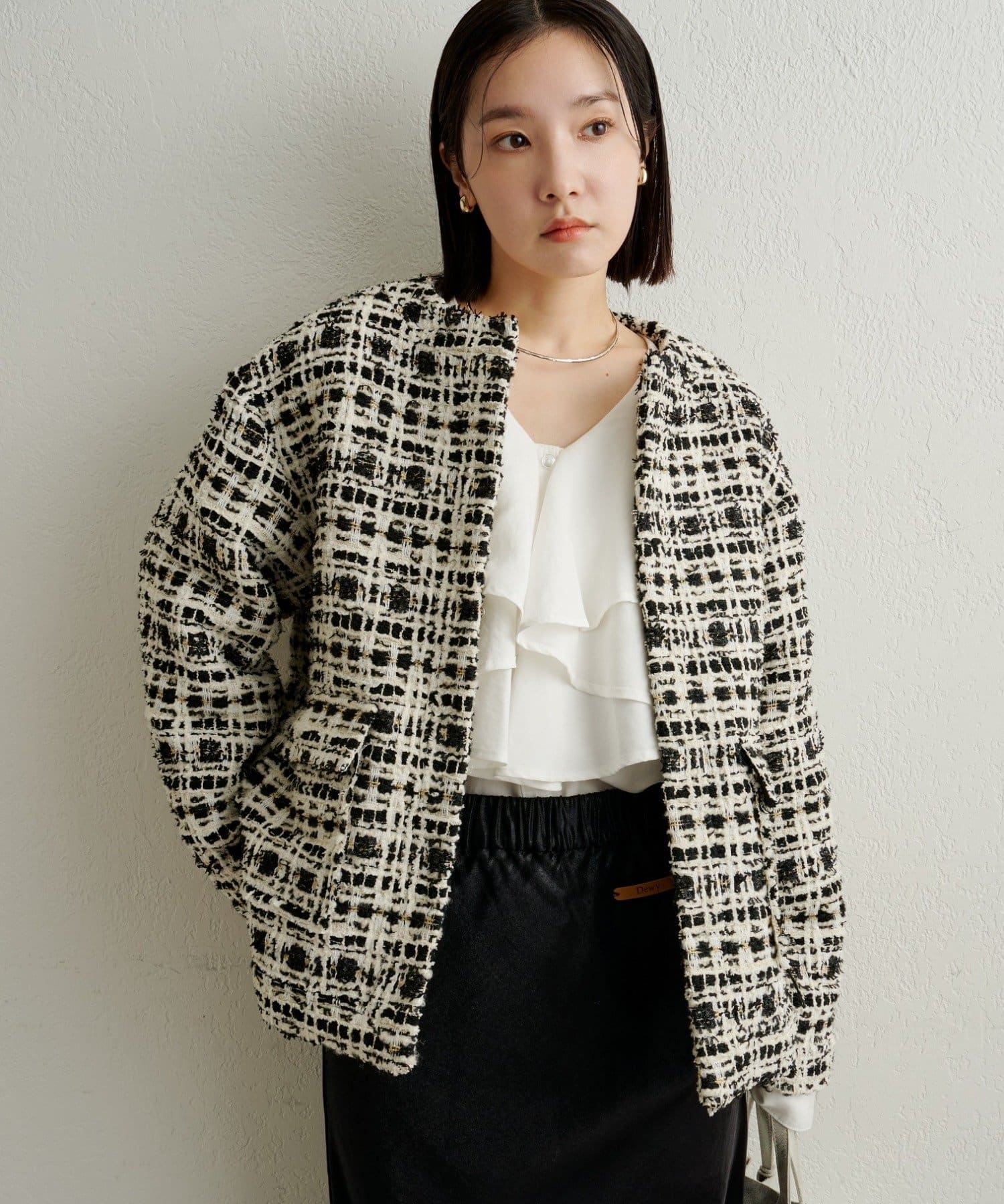 セットアップ着用可能◎】ツイードノーカラージャケット | Omekashi