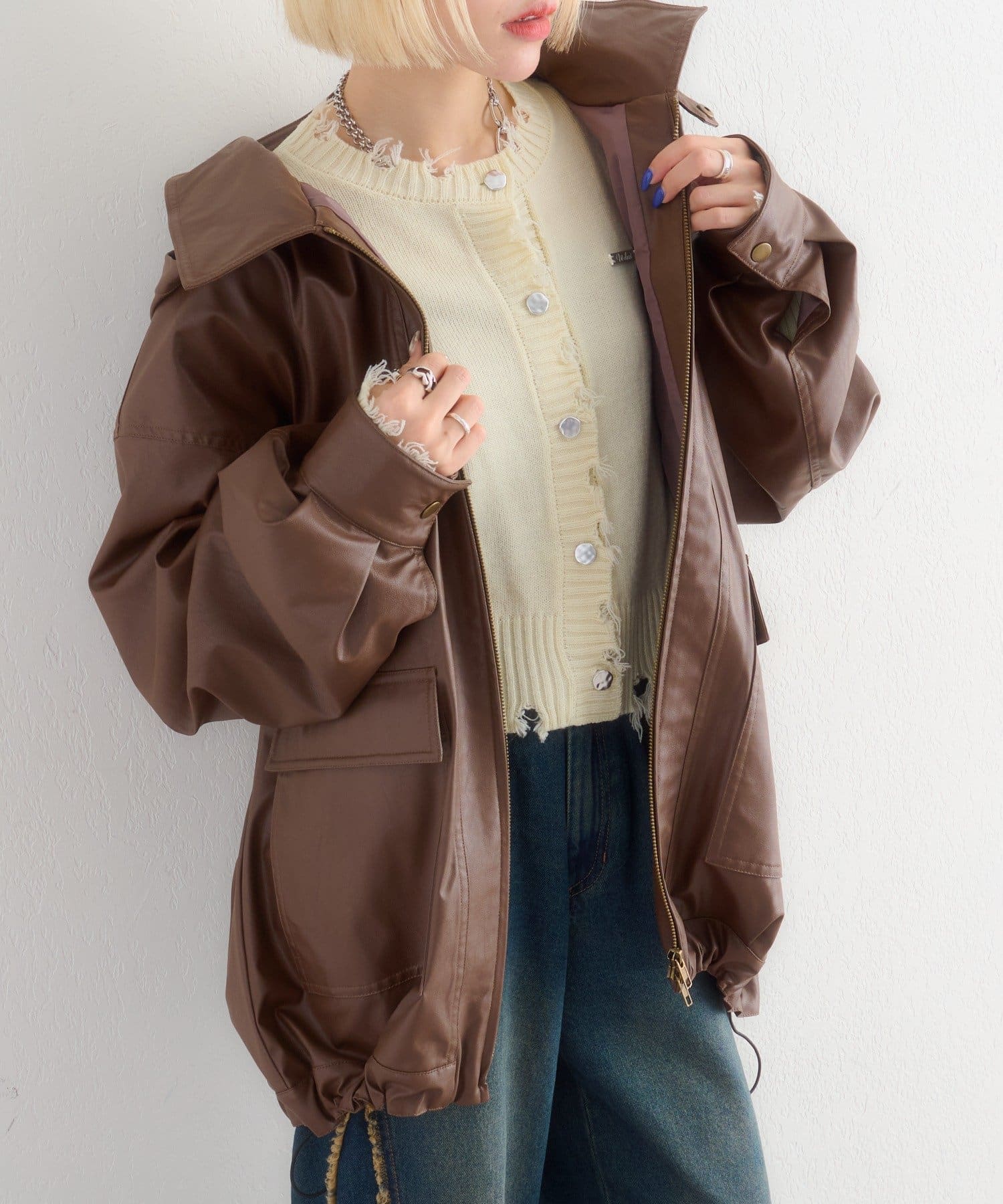 フェイクレザーフーディージャケット | w closet(ダブルクローゼット
