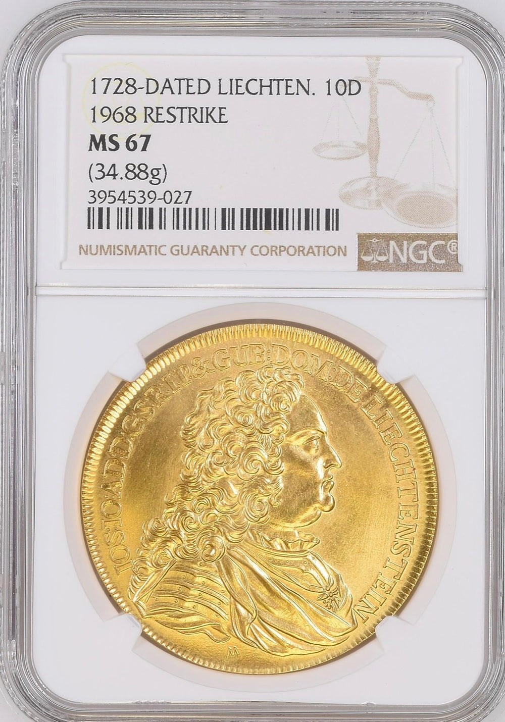 1728年(1968年) リヒテンシュタイン公国 リストライク 10ダカット金貨