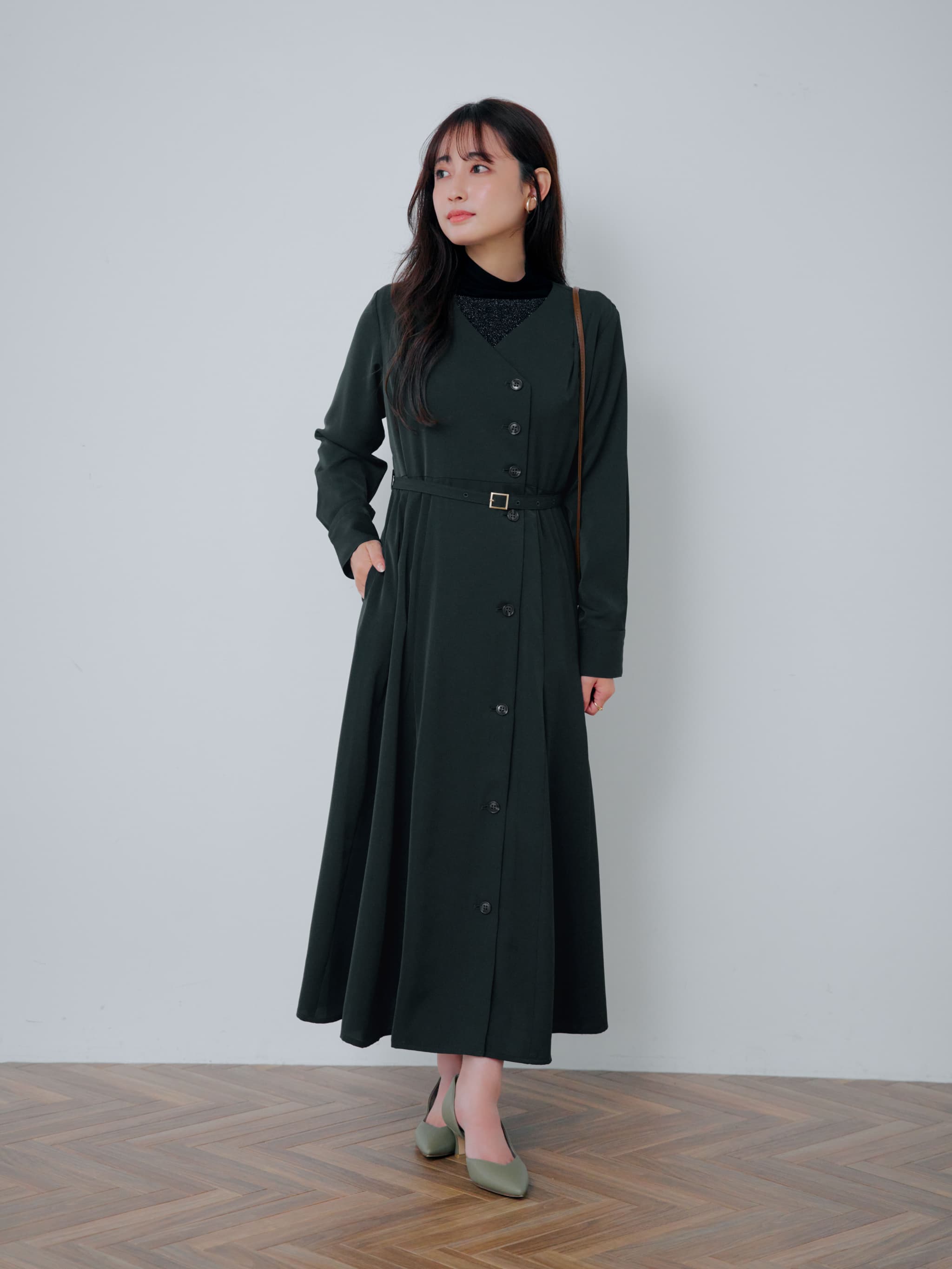 アシメフロントボタンとろみワンピース-short & regular | 小柄・低