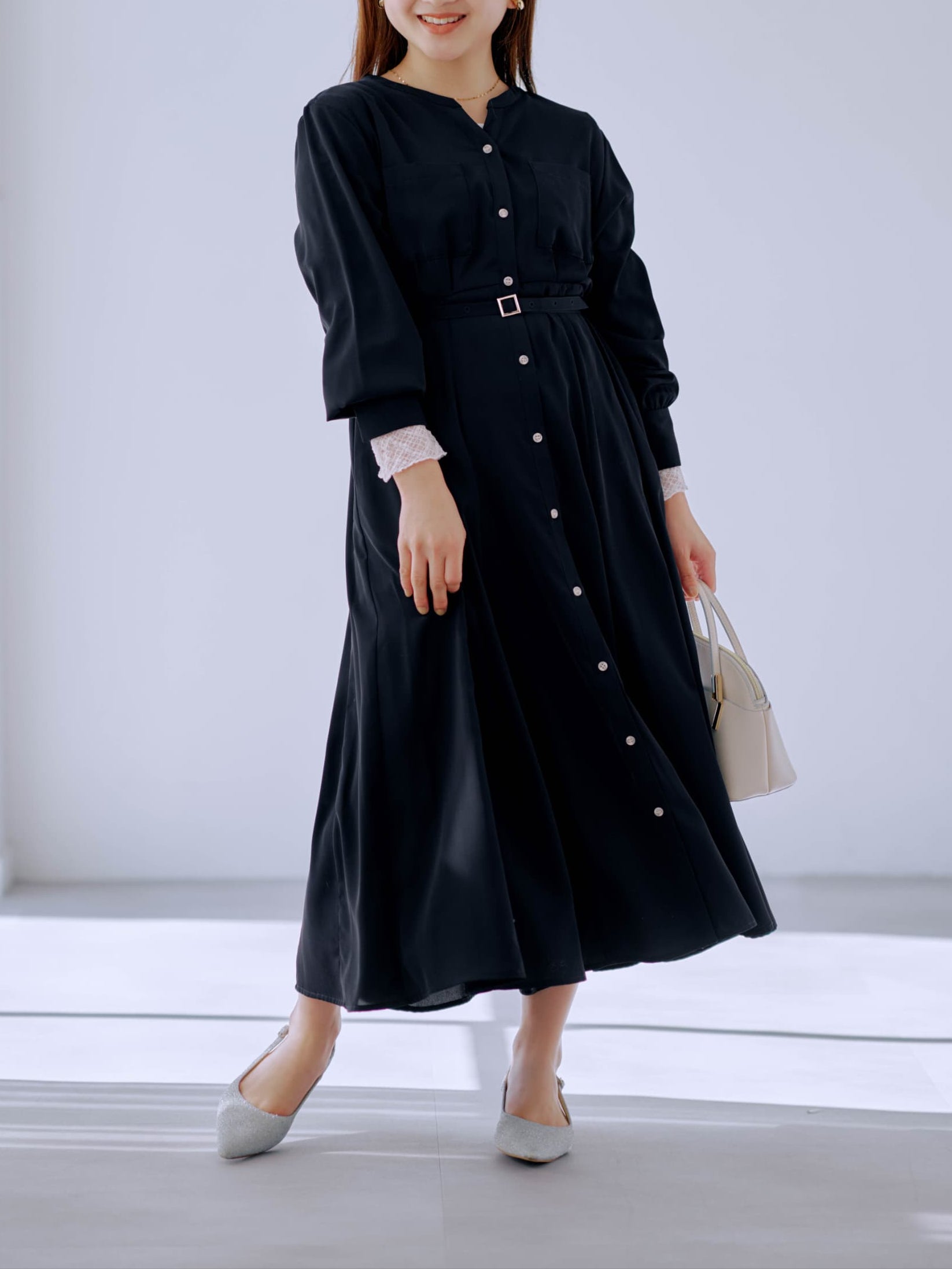 スキッパーネックマチフレアとろみワンピース-short & regular | 小柄