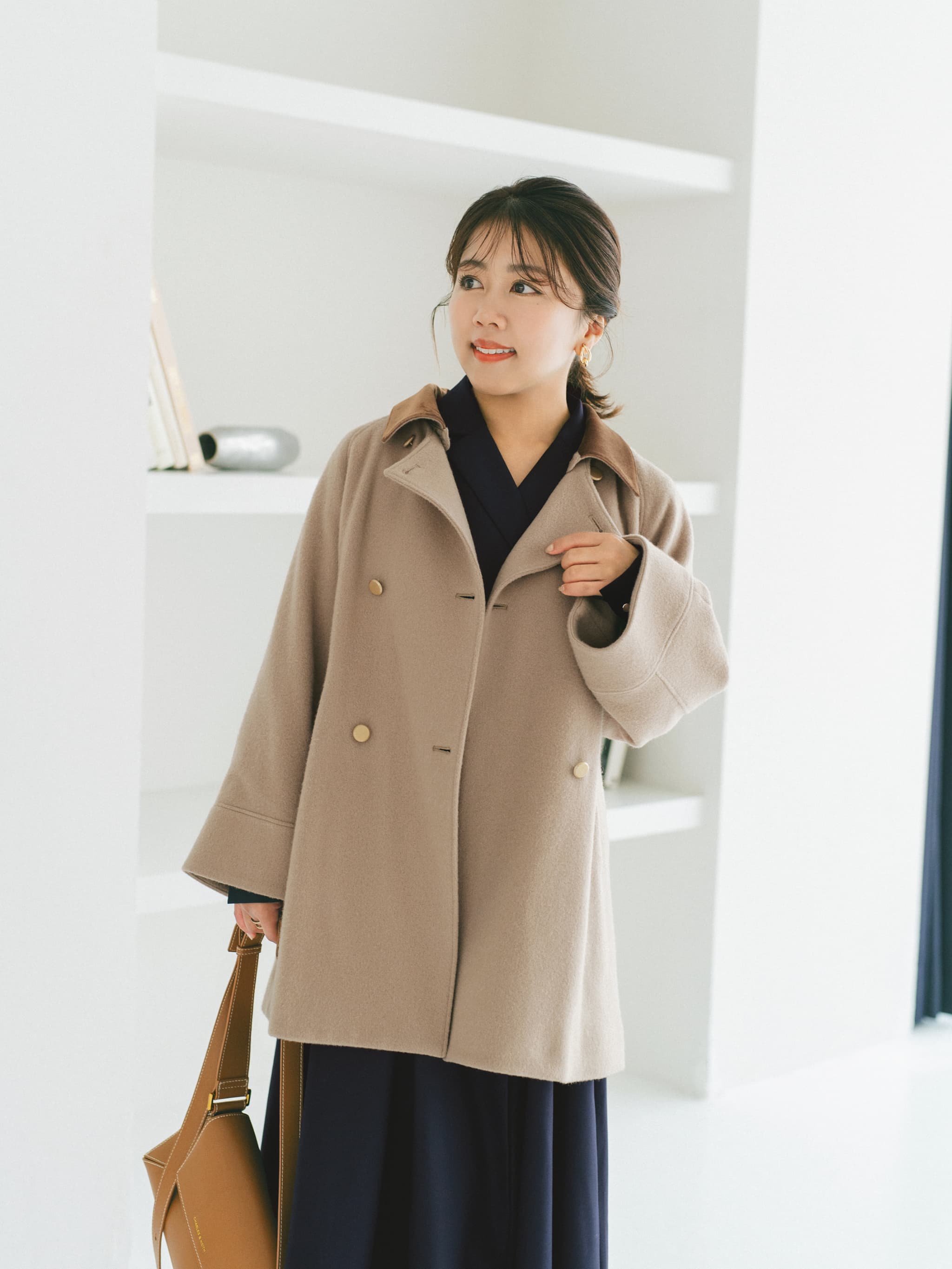 2wayカラーゴールドボタンミドルコート | 小柄・低身長女性向け
