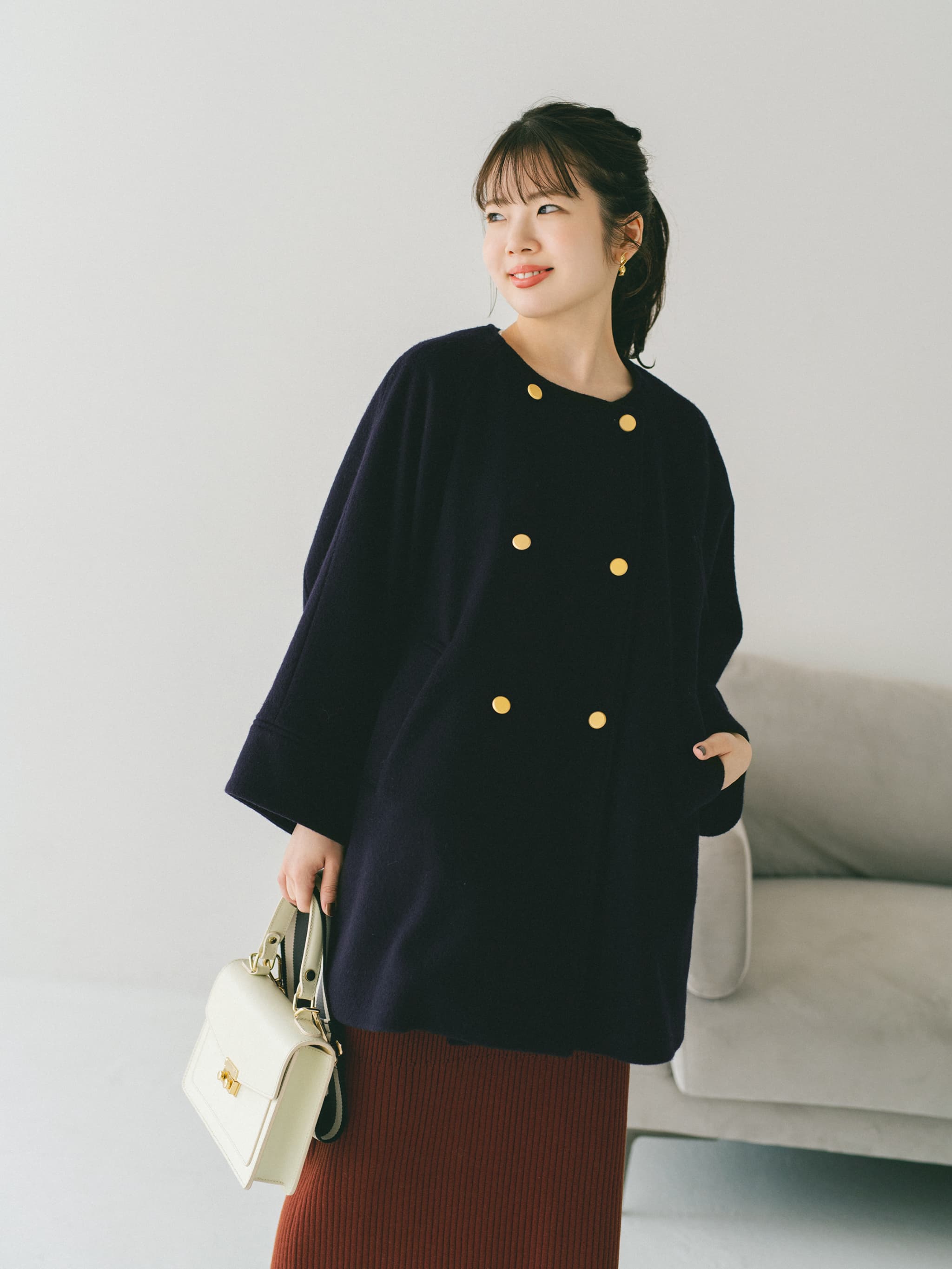 2wayカラーゴールドボタンミドルコート | 小柄・低身長女性向け