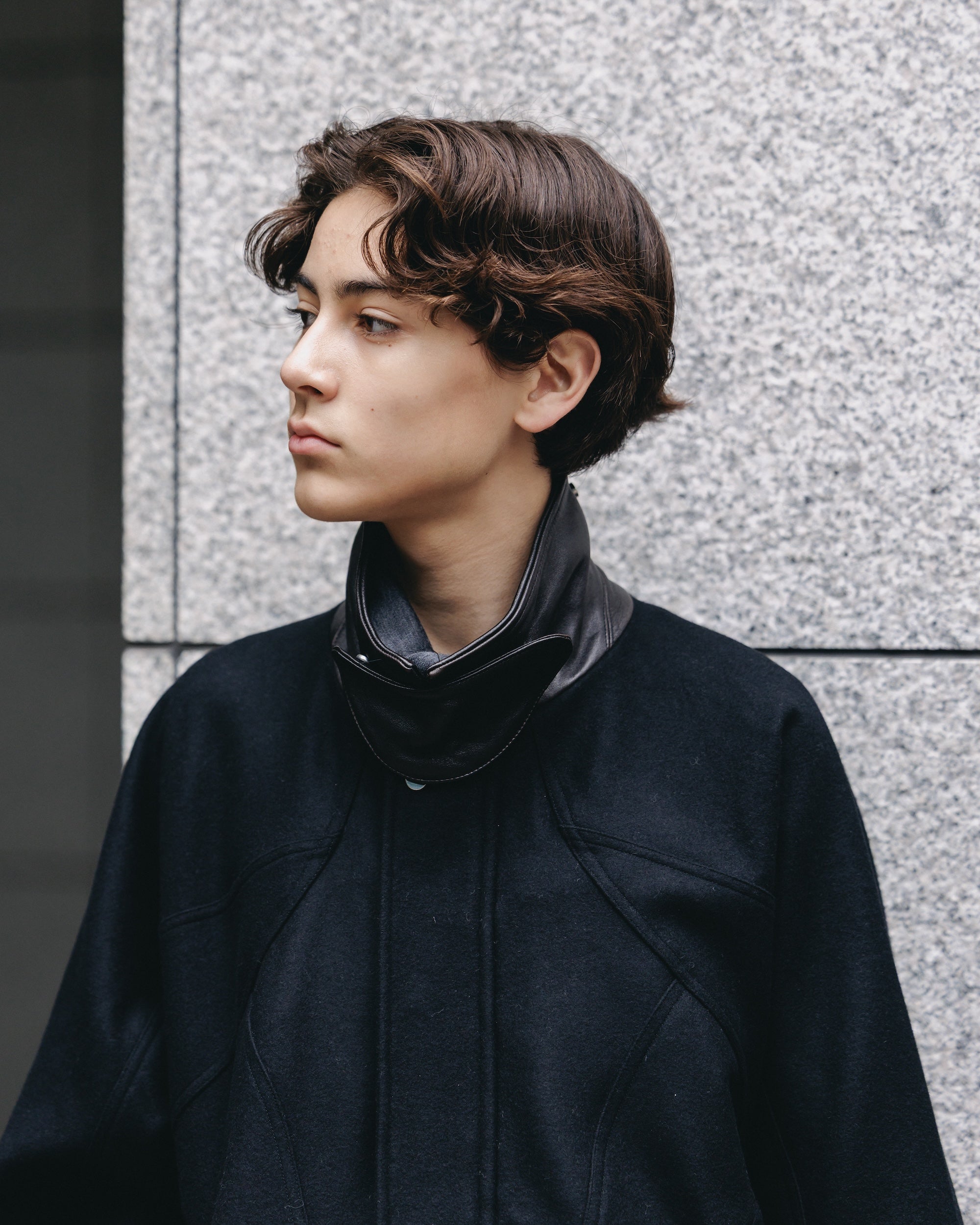 LEATHER COLLAR WOOL MELTON FUTURE JACKET (BLACK)