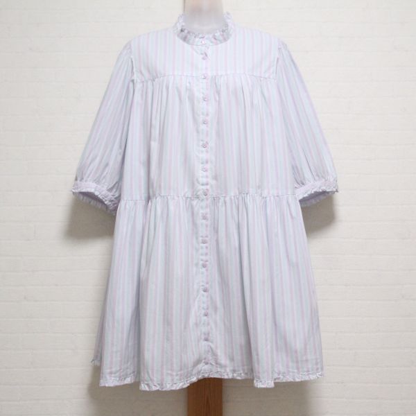 サックス×パープルストライプスタンドカラーチュニックブラウス