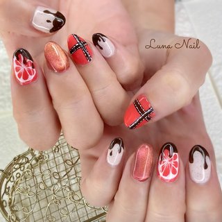 チェック/オレンジ/ブラウンのネイルデザイン｜ネイルブック