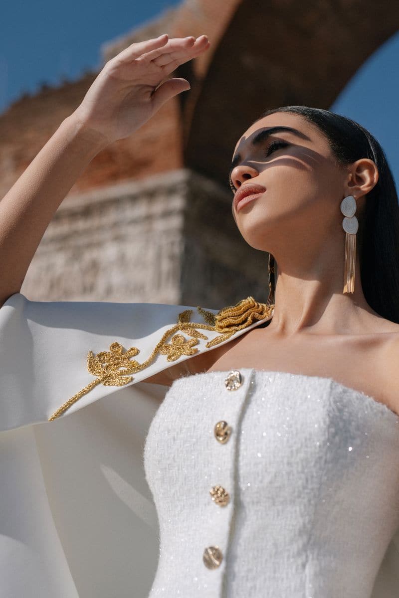 ASYMMETRIC GOLD-DETAILED TWEED CORSET | CULT MIA | Monika Dimova