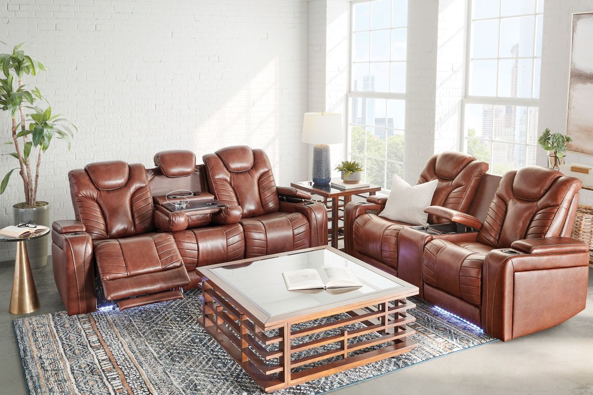 Viper Chestnut Dual Power Leather Reclining Console Loveseat