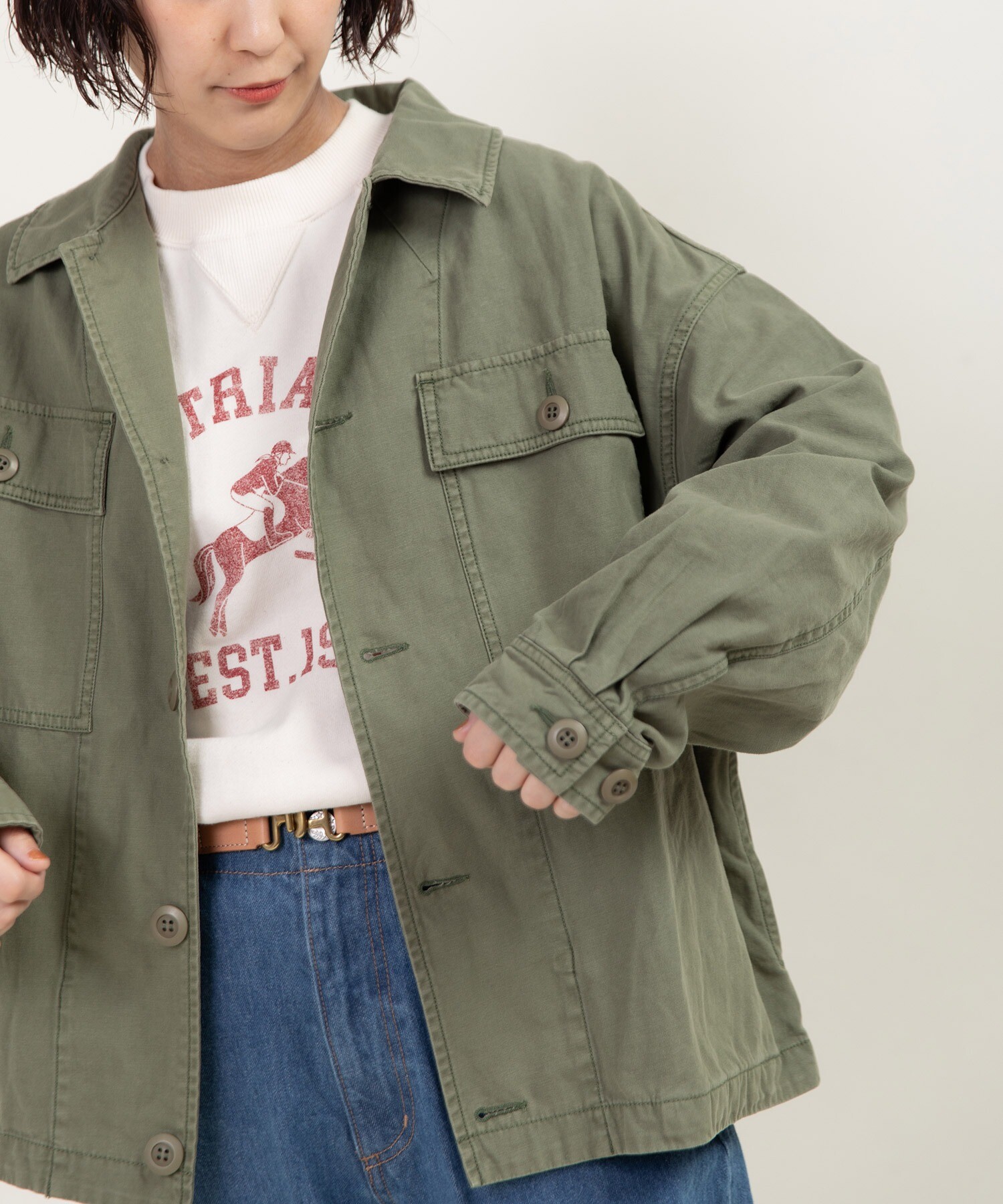 AMBIDEX Store ○綿ツイル 製品硫化染め アーミージャケット(F カーキ