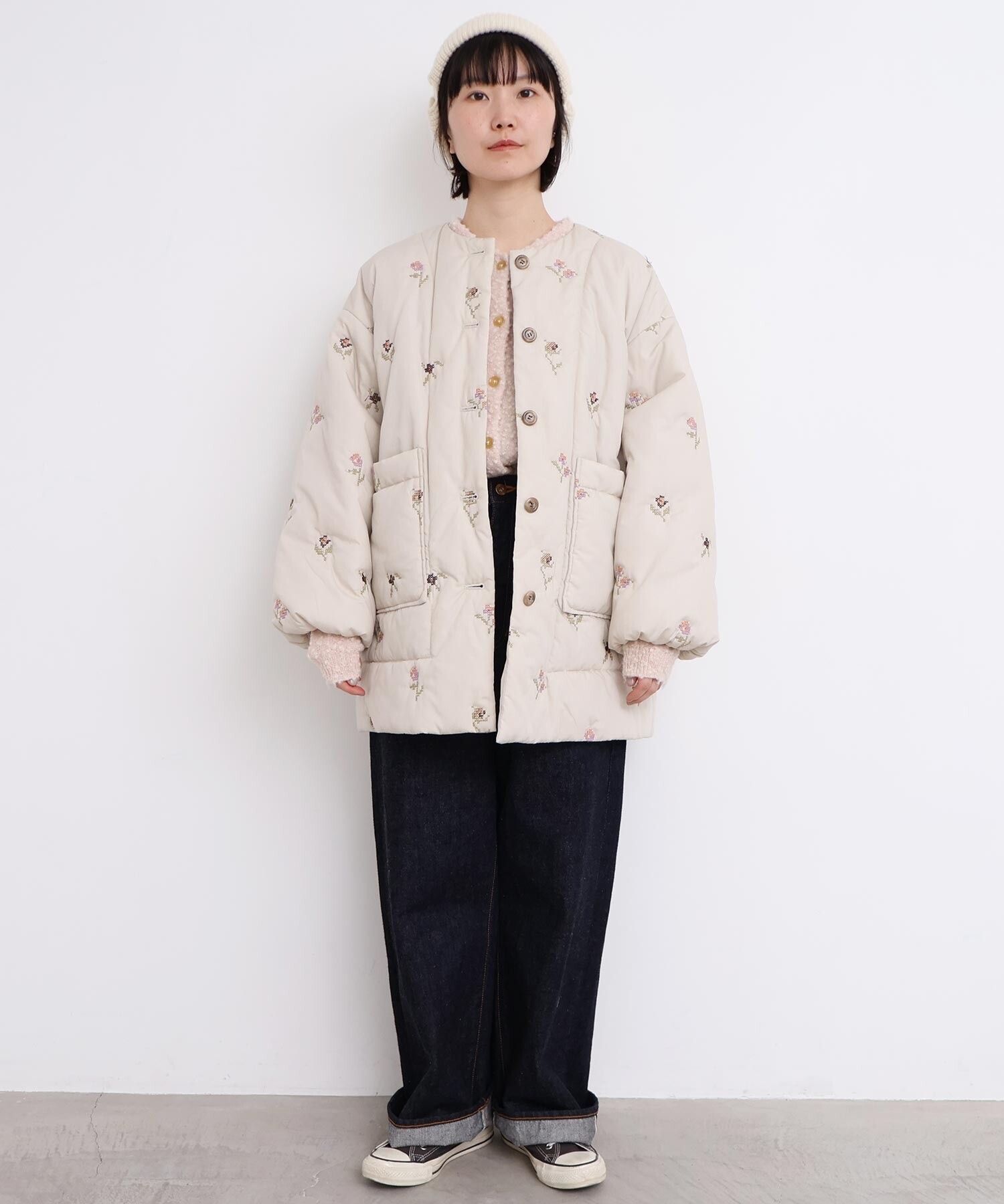 AMBIDEX Store 〇お花のクロスステッチ キルト刺繍コート(F コン): l