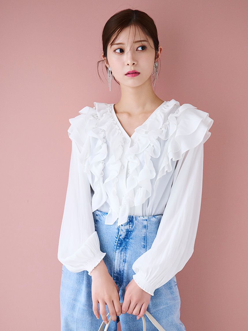 BABY 袖取り外しシフォンベビードールブラウス オフ白-ブラウス