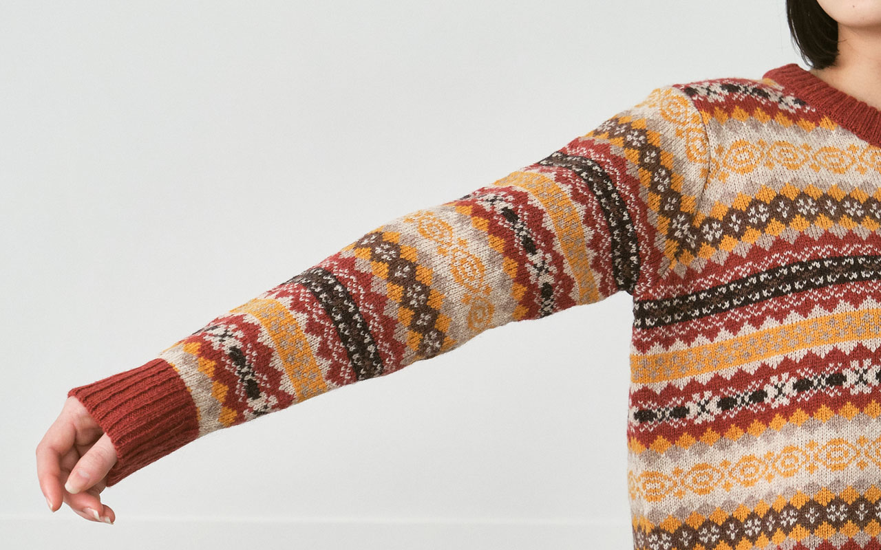 フェアアイル柄クルーネックニット シェットランドウール7G | ニット