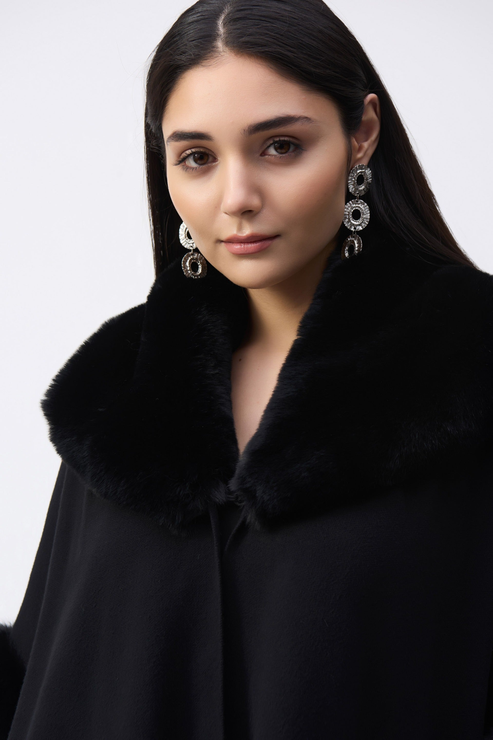 Joseph Ribkoff Black Brushed Jacquard and Faux Fur Cape Style