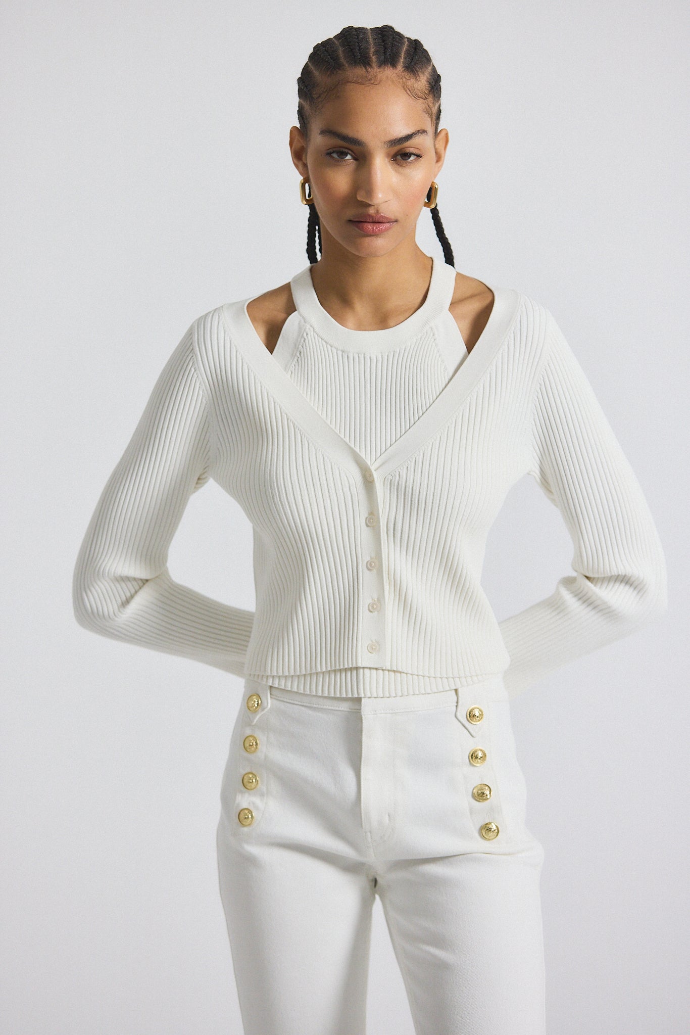 Lonnie Viscose Knit Layered Cardigan in White | Derek Lam 10 Crosby