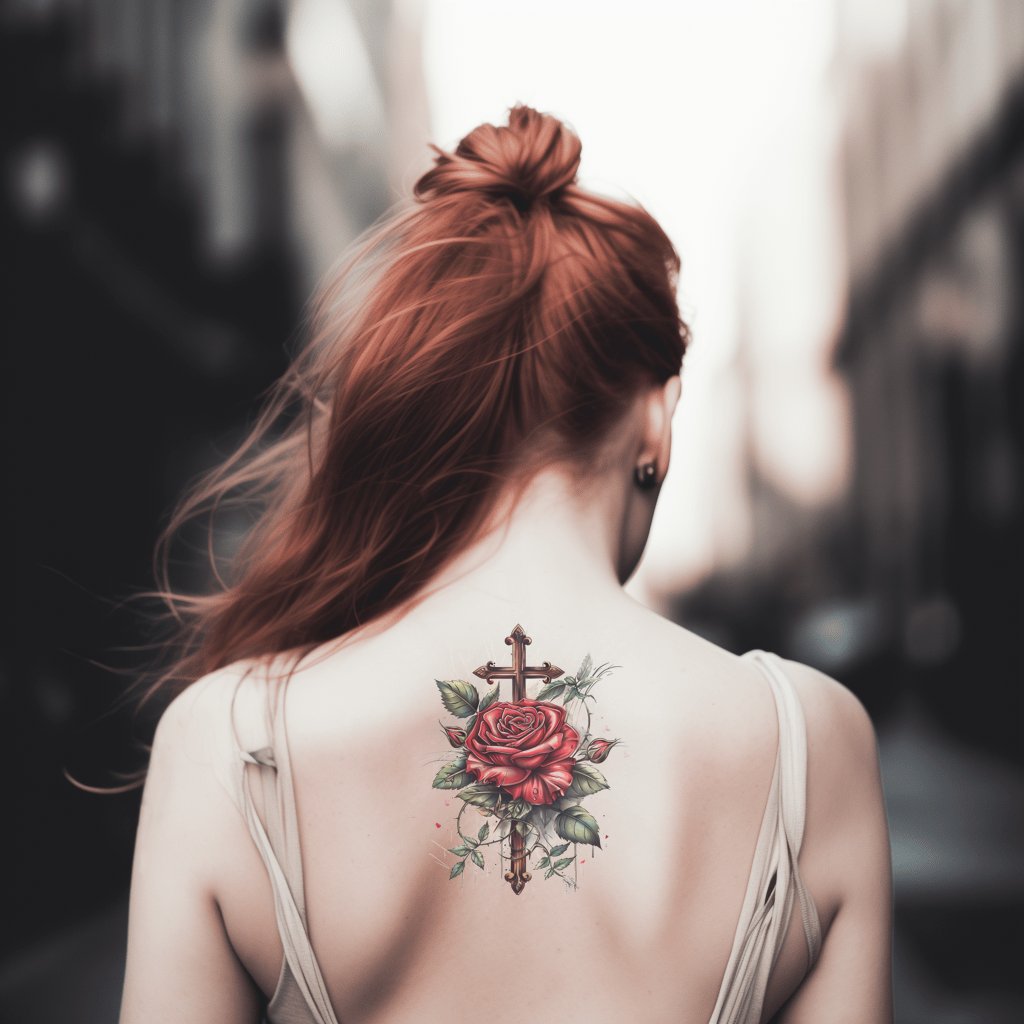 Rozen- en Christelijk Kruis Tattoo Ontwerp – Tattoos Wizard Designs