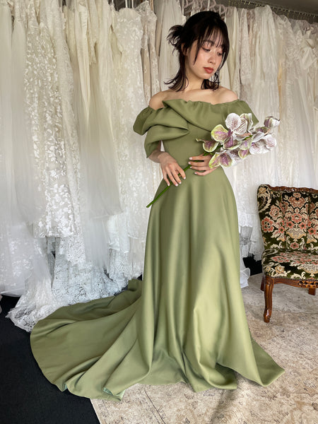 オフショルダー Aラインドレス モスグリーン（W274MG）