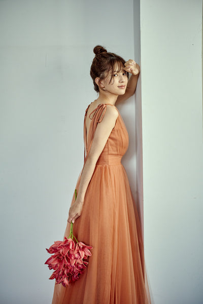 リボンショルダー Vネック テラコッタ チュールドレス（W271TE）