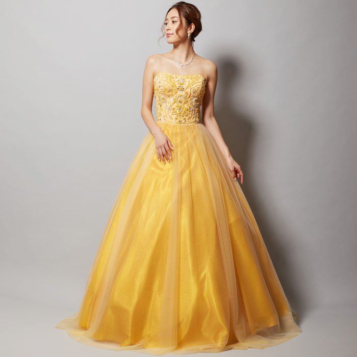 ビーズ刺繍をふんだんに施したレースビジューイエローボリュームロング