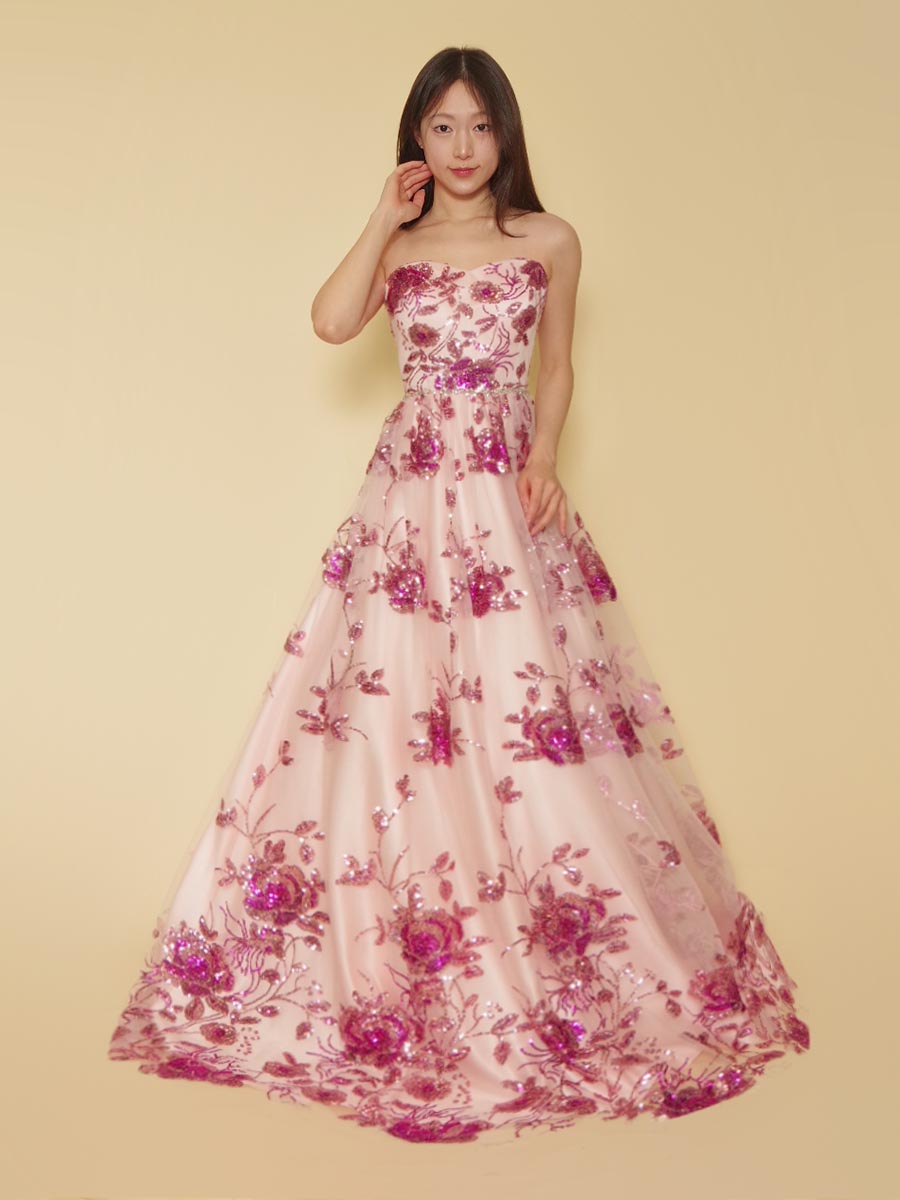 パステルピンクフラワーモチーフスパンコールデザインのAライン