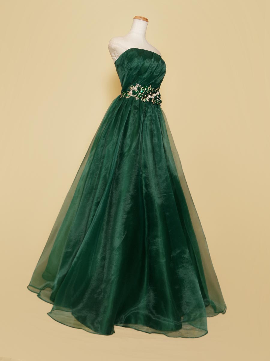 美しい孔雀のようなエメラルドグリーン厚めサテンビーズ刺繍ボリューム