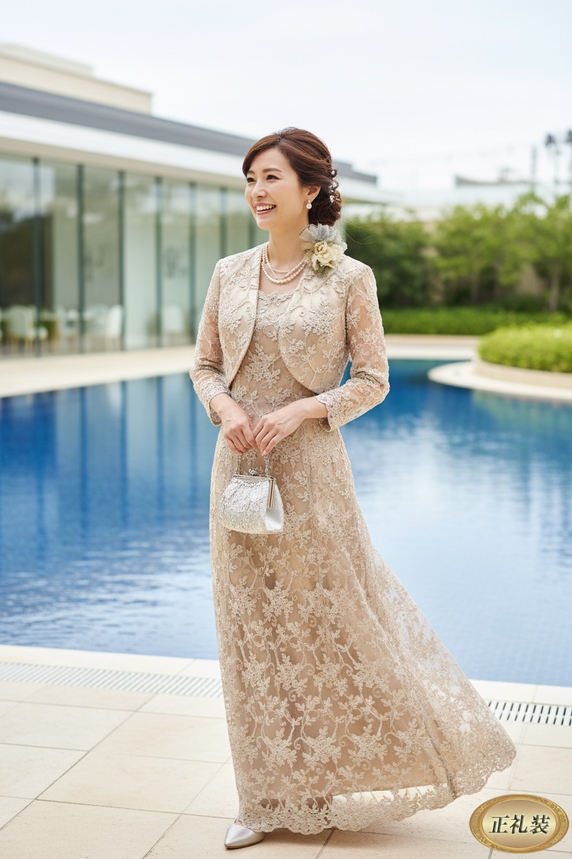 総レースの高級マザードレス！人気のベージュ系ゴールドドレス【マリア