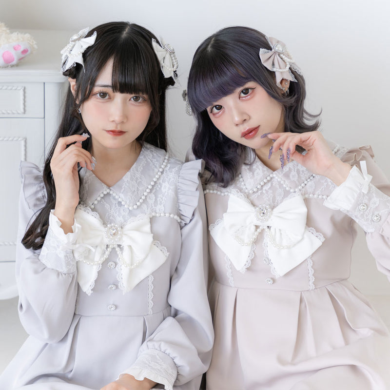 レース重ねパールリボンお嬢様ワンピース – レディースファッション