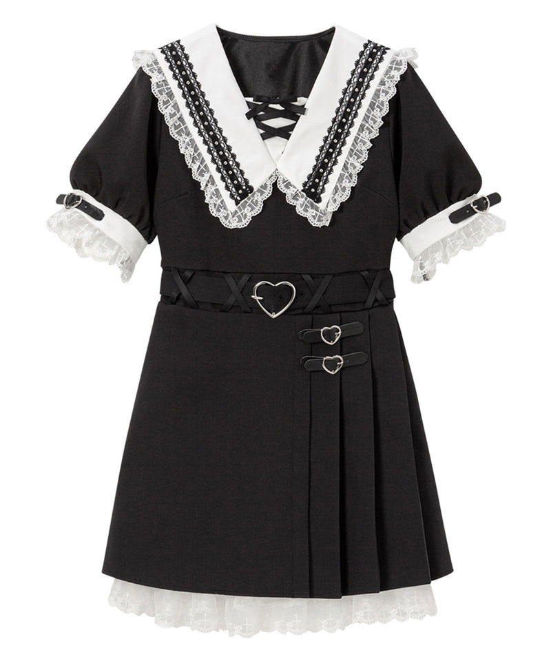 ハートベルト角襟レースアップワンピース – レディースファッション