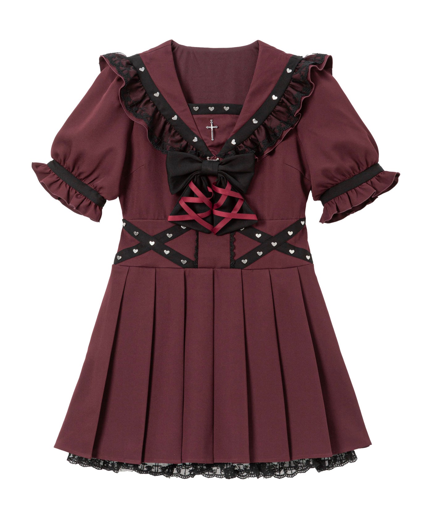 十字架レースフリルハートクロスベルトセーラーワンピース