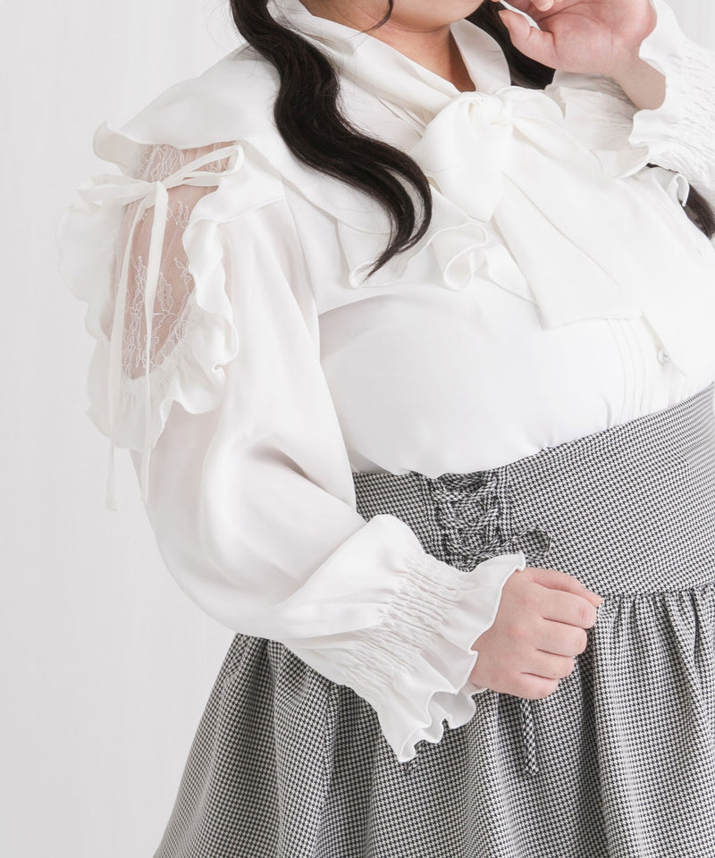 ショルダーレースフリルリボンブラウス【大きいサイズ有