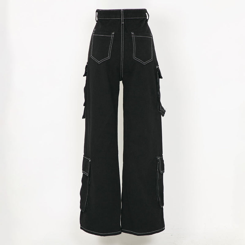 ステッチベルトポケットブラックデニムパンツ【大きいサイズ有