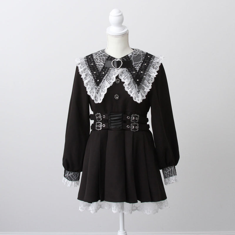 クモレース角襟ベルトレースアップワンピース – レディース