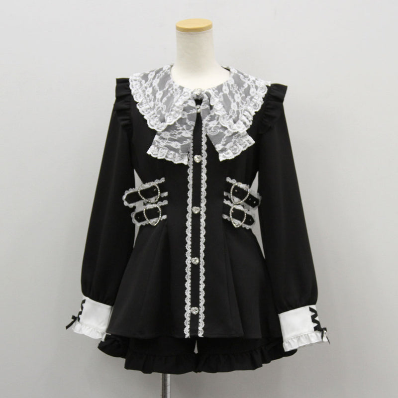 レースリボン襟フリルウエストハートバックルセットアップ